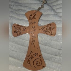 Wooden Cross with Intricate Wood Burning Designs Hand Crafted 7 X 9 In